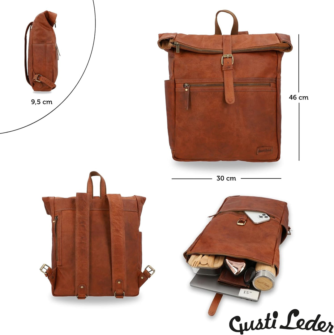 Gusti Leder Rucksack für Damen & Herren - Milo - Rolltop Rucksack Leder Damen & Herren, Lederrucksac
