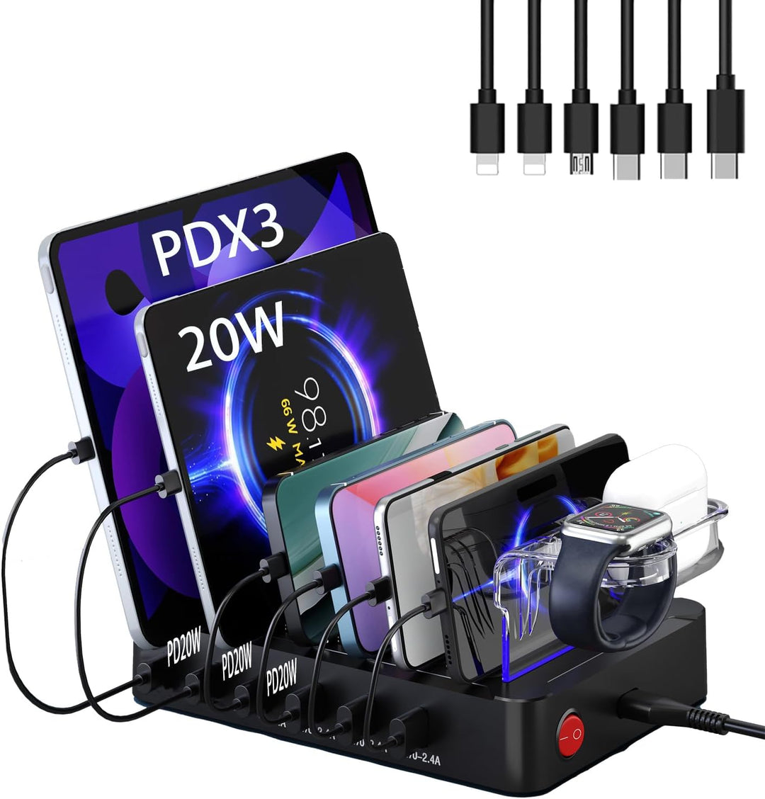 Acocodi USB Ladestation Multi Dock 6 Ports 60W Smart Schnellladedockstation für mehrere Geräte, komp