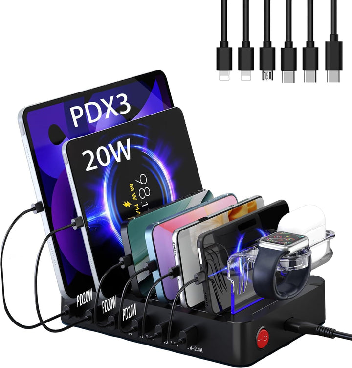 Acocodi USB Ladestation Multi Dock 6 Ports 60W Smart Schnellladedockstation für mehrere Geräte, komp