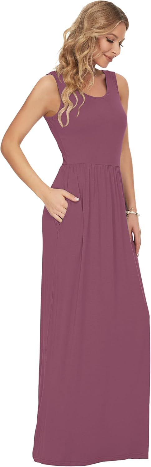 AUSELILY Damen Sommer Maxikleid | Ärmelloses,Taschen,Lockeres,Lässiges,Langes,Atmungsaktives Materia
