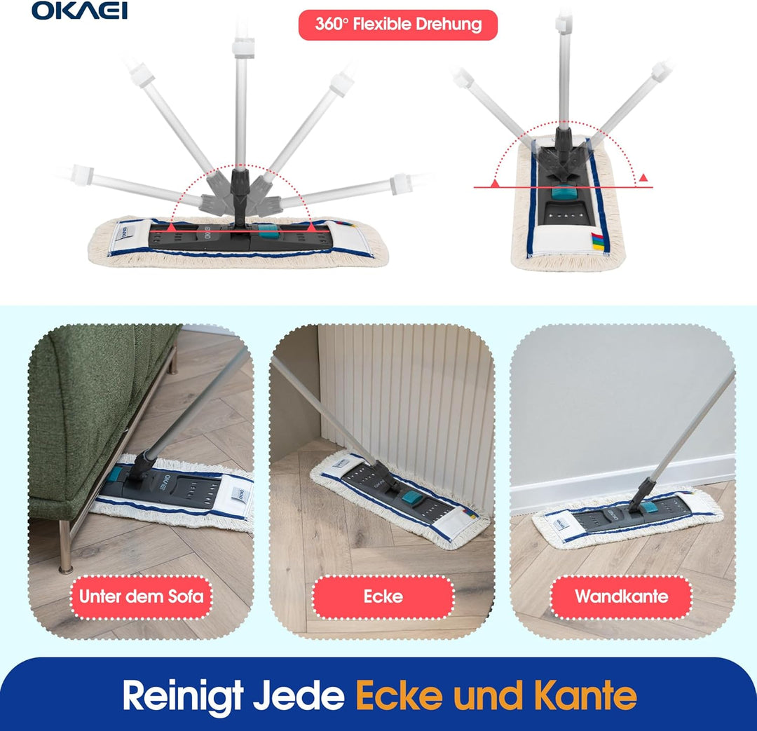 OKAEI Mop Set: Klapphalter mit Aluminium-Teleskopstiel – Verstellbar von 80 bis 145 cm – Robuster Mo