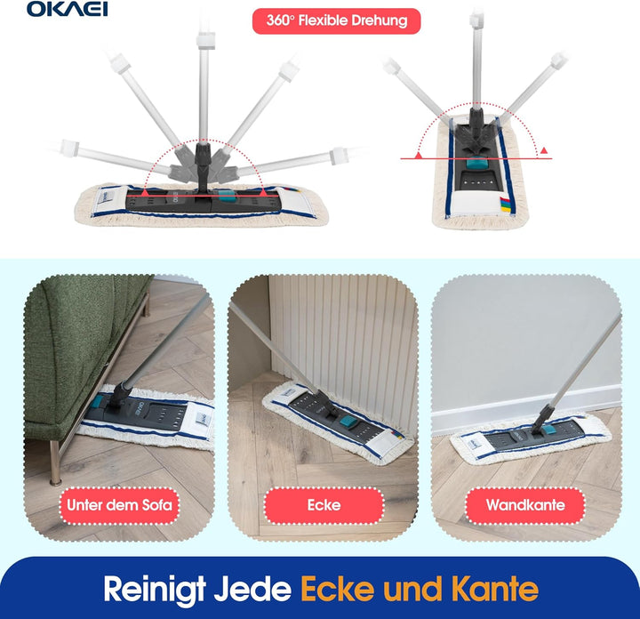 OKAEI Mop Set: Klapphalter mit Aluminium-Teleskopstiel – Verstellbar von 80 bis 145 cm – Robuster Mo