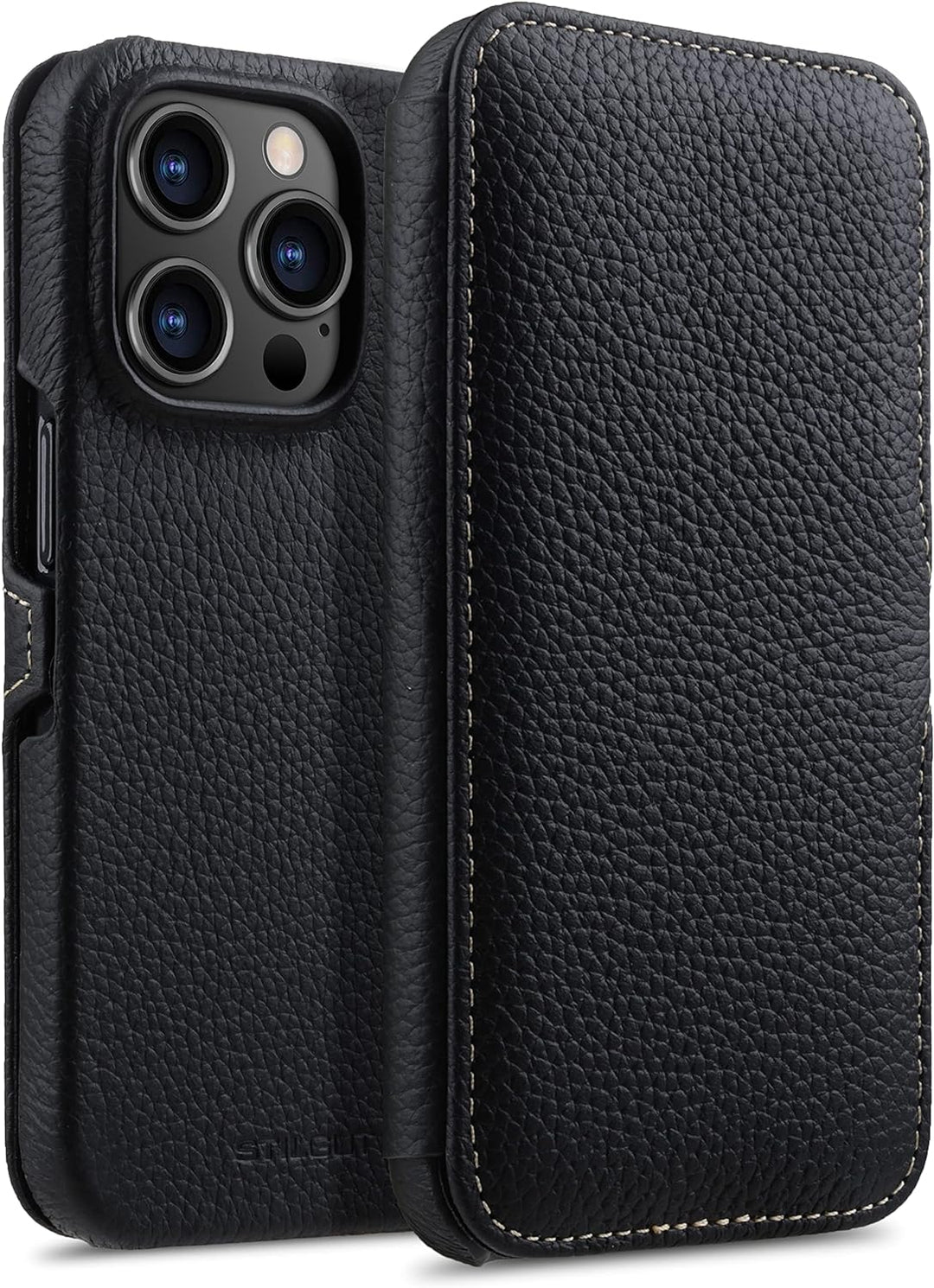 STILGUT Book Case kompatibel mit iPhone 14 Pro (6.1“) Hülle aus Leder mit Clip-Verschluss, Klapphüll