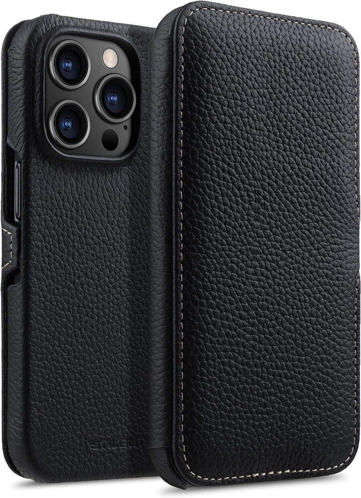 STILGUT Book Case kompatibel mit iPhone 14 Pro (6.1“) Hülle aus Leder mit Clip-Verschluss, Klapphüll