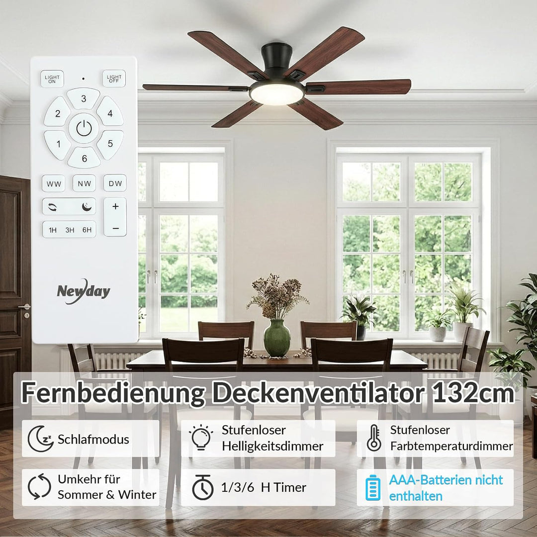 Newday Deckenventilatoren Flach Holz mit 6 Flügel, 132cm Gross Deckenventilator mit Beleuchtung und