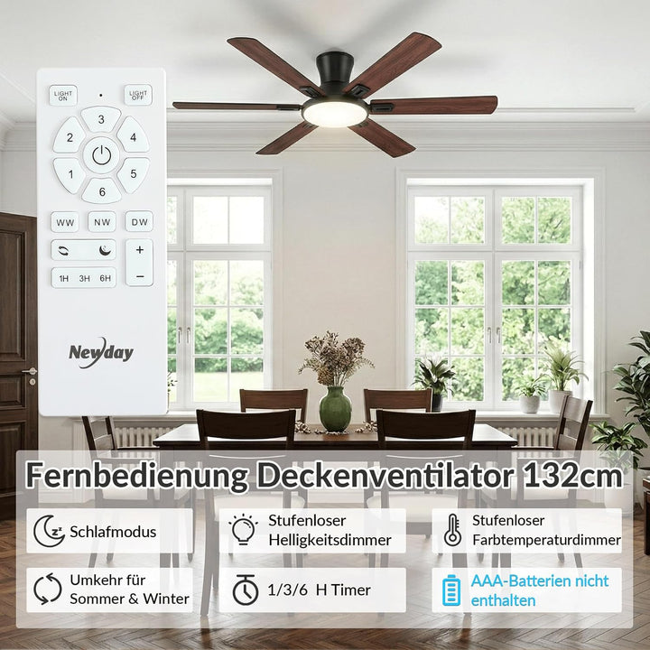 Newday Deckenventilatoren Flach Holz mit 6 Flügel, 132cm Gross Deckenventilator mit Beleuchtung und