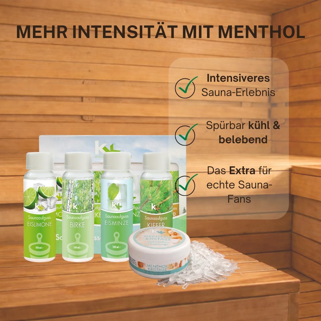 Sauna Set | KK Saunaaufgussset 4 x 100 ml + 50g Mentholkristalle | Saunakonzentrat + Menthol-Kristal