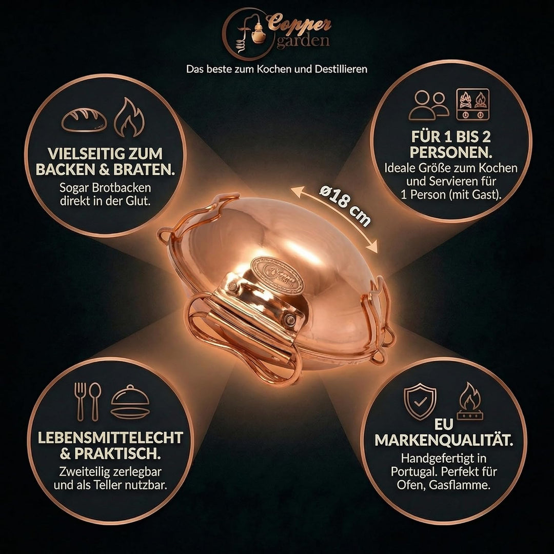 CopperGarden® Cataplana Bräter aus handverzinntem glattem Kupfer mit ca 18 cm Durchmesser I Portugie