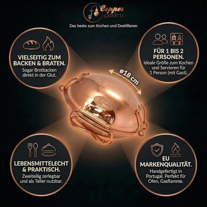 CopperGarden® Cataplana Bräter aus handverzinntem glattem Kupfer mit ca 18 cm Durchmesser I Portugie