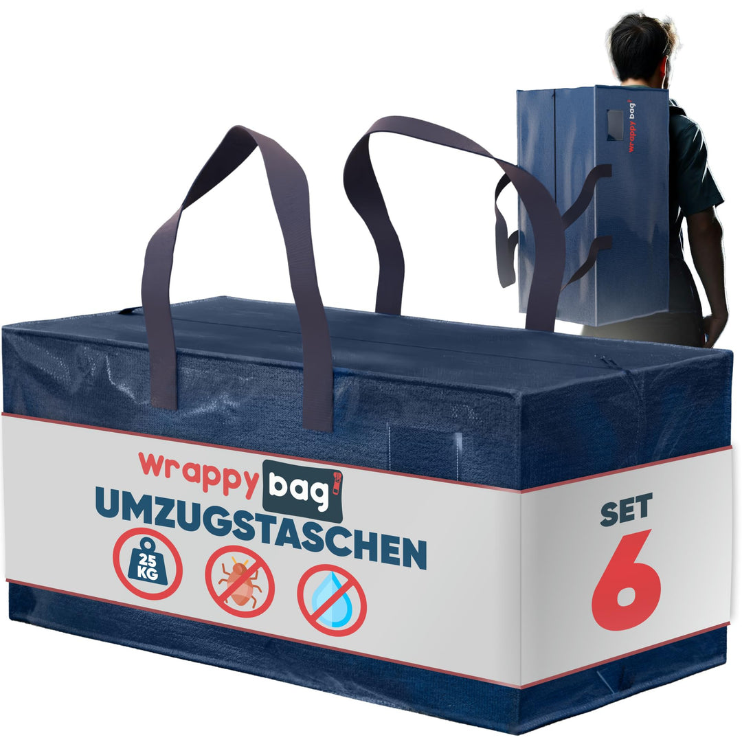 WRAPPYBAG 6er-Set Kunststoff Aufbewahrungstasche – Jumbo XXL Tasche Gross – Wasserabweisend, Stabil,