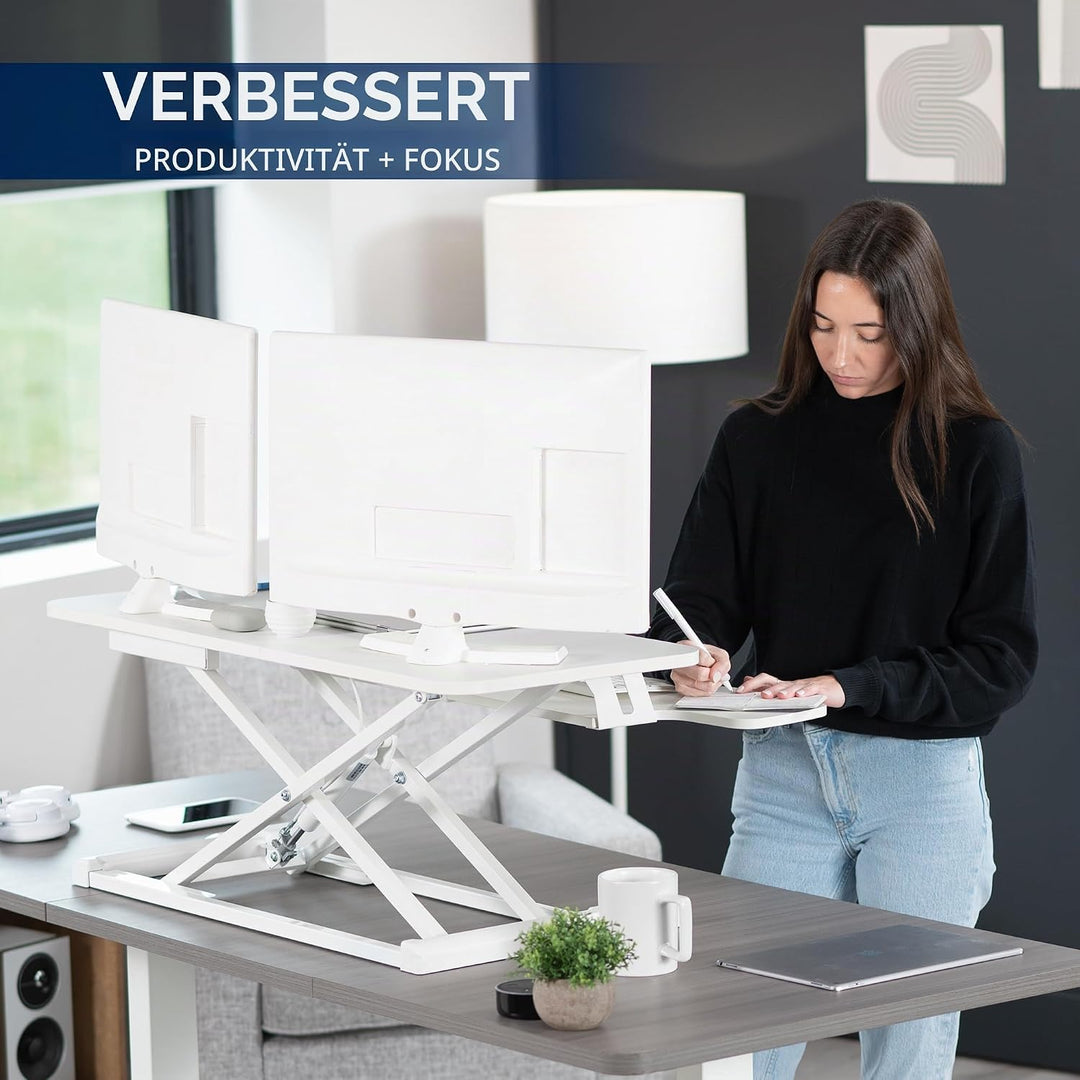Vivo DESK-V036KW Höhenverstellbarer Schreibtischaufsatz, Sitz-Steh-Arbeitsplatz für zwei Monitore un