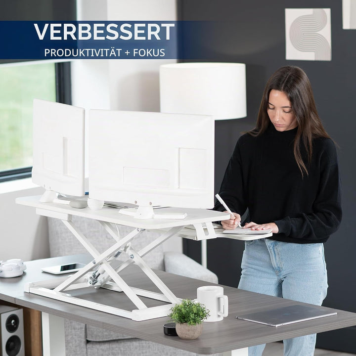 Vivo DESK-V036KW Höhenverstellbarer Schreibtischaufsatz, Sitz-Steh-Arbeitsplatz für zwei Monitore un