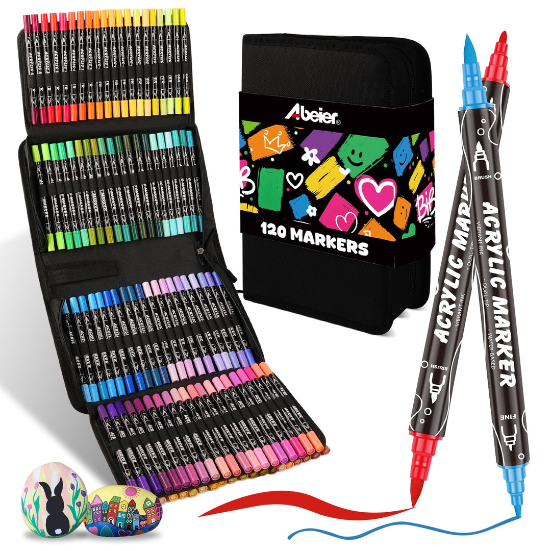 ABEIER Acrylstifte 120 Farben mit Doppelspitze (Pinsel & Feine Spitze), Schnelltrocknend Ungiftig, V