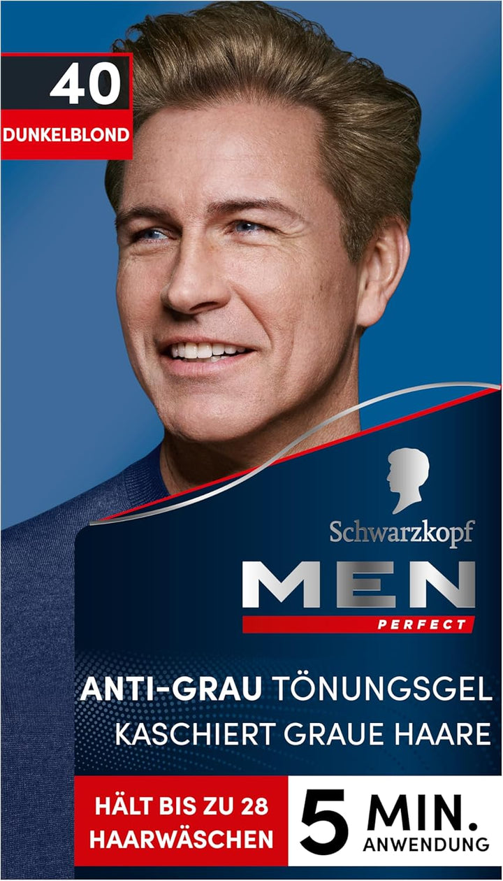 Schwarzkopf Men Perfect Anti-Grau Tönungs-Gel 40 Dunkelblond (80 ml), Haarfarbe für Männer blendet g