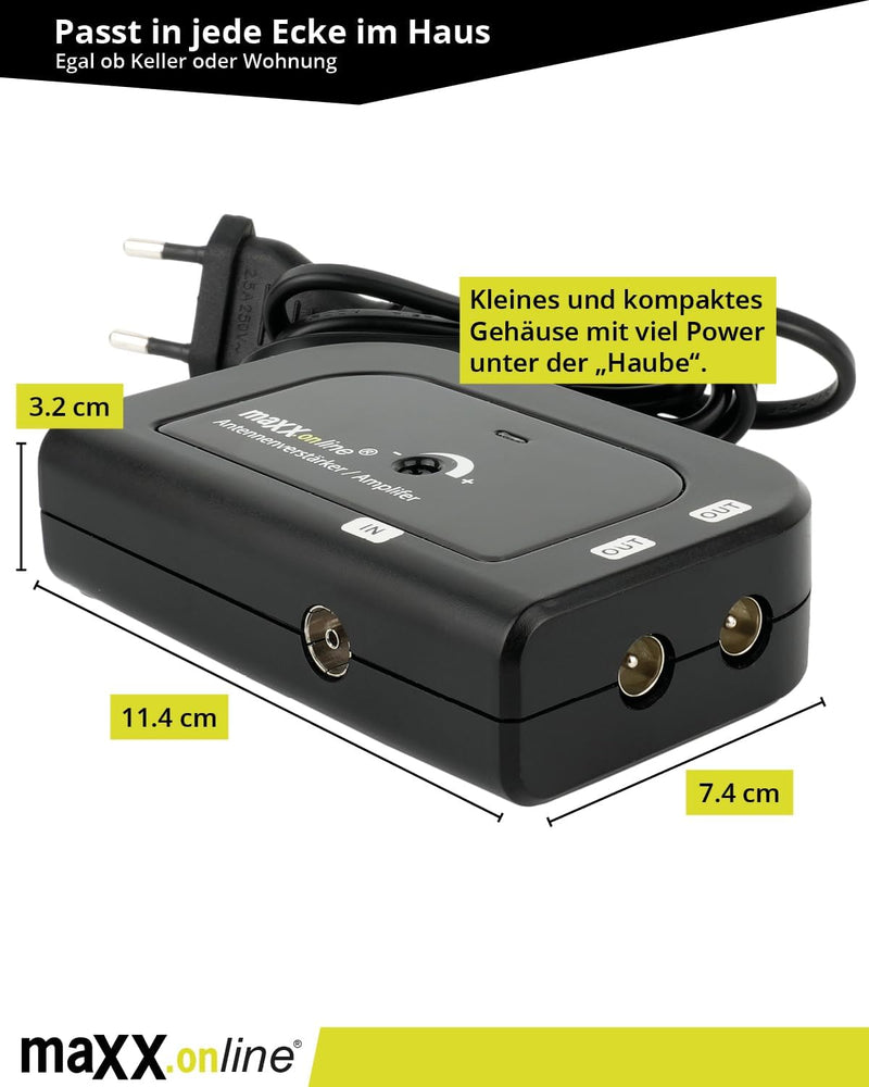 maxx.onLine Antennenverstärker mit 2 Ausgängen 2X 20 dB Verstärkung inkl. F-Adapter, 85-1006 MHz, Ka