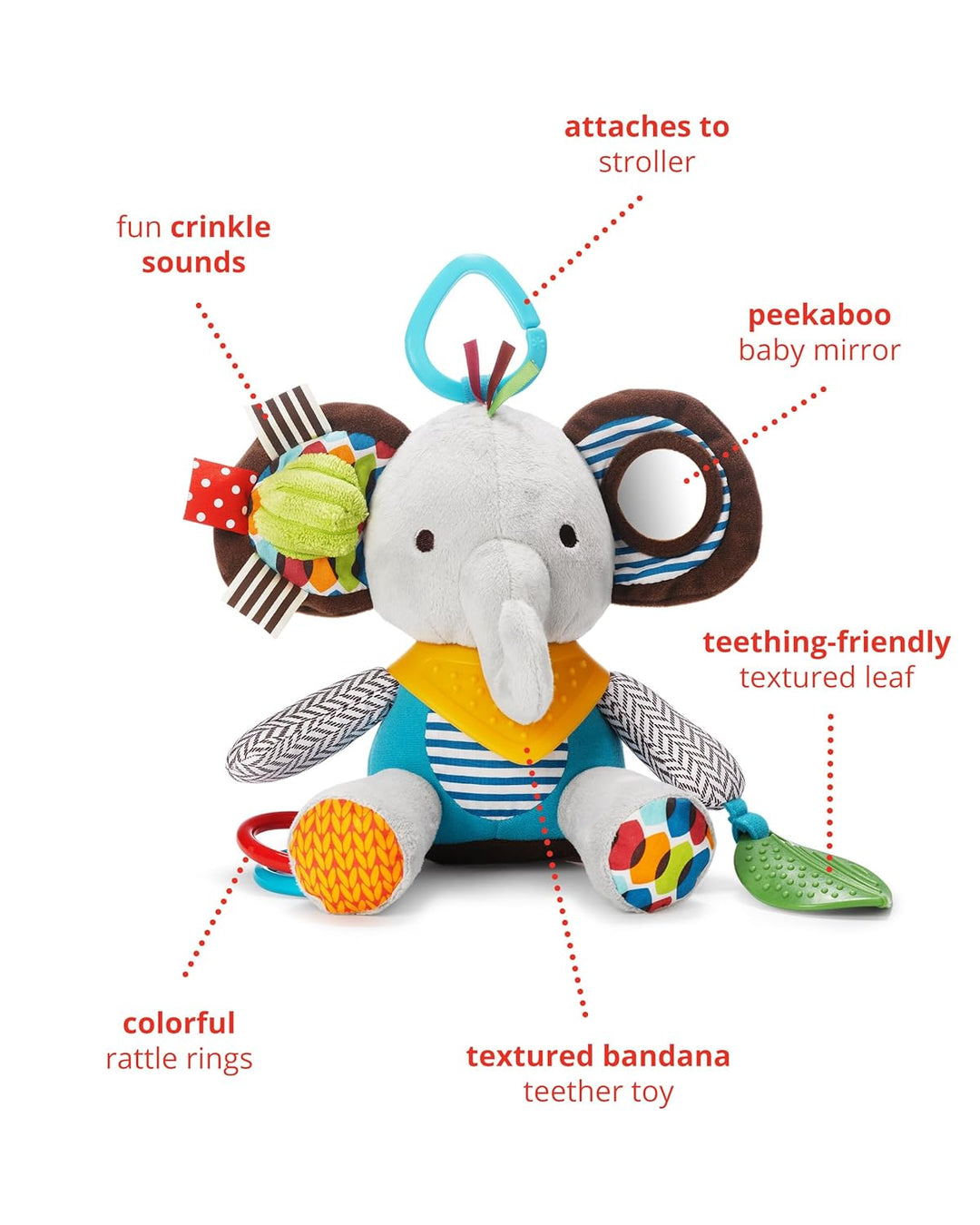 Skip Hop Bandana Buddies Aktivitätsspielzeug, Plüschtier für Babys und Kinder, mehrfarbig, Elefant E