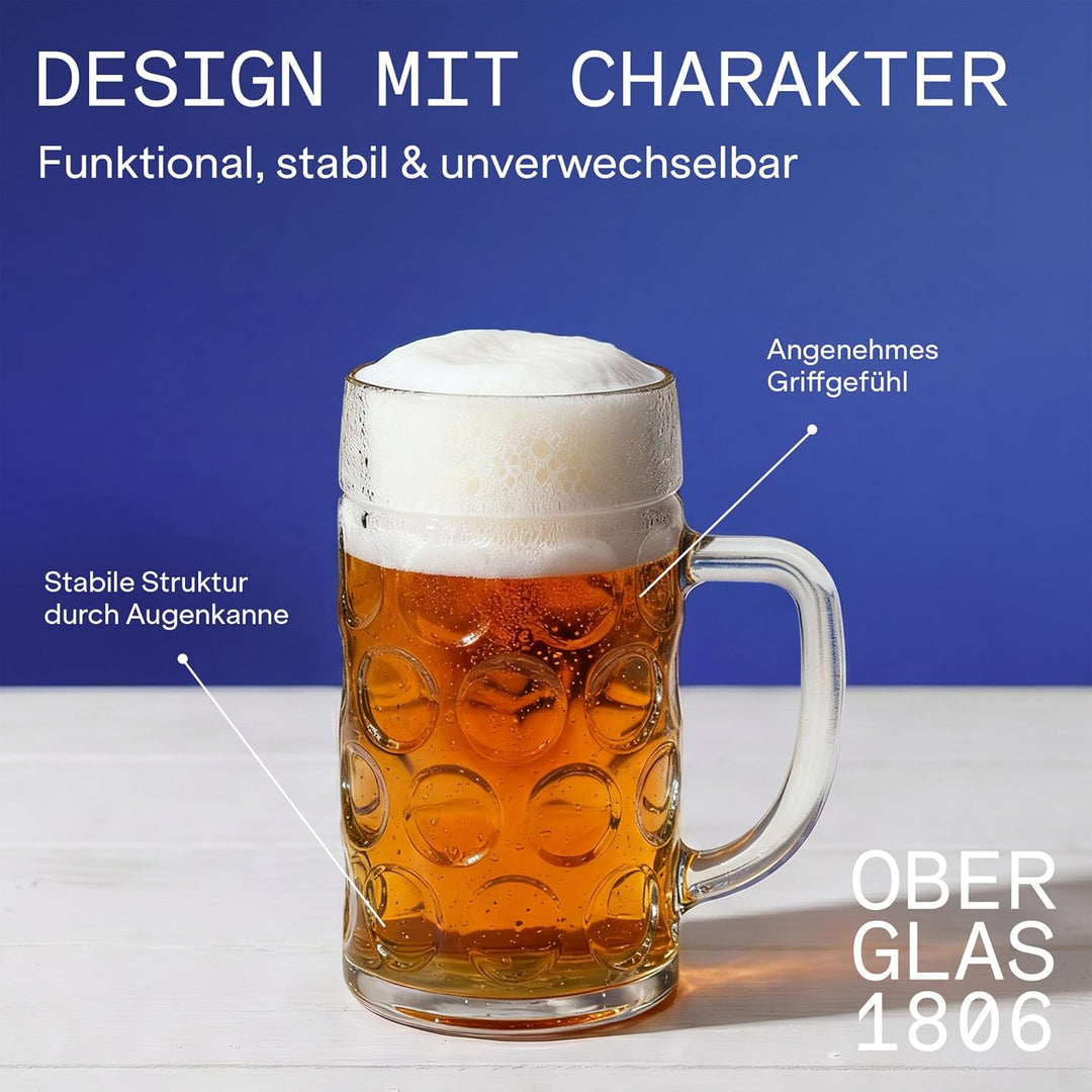 Stölzle Oberglas Bierkrug ISAR / 6er Set Bierkrüge 1 Liter/Stabiler Bier Krug/Masskrug aus Soda Lime