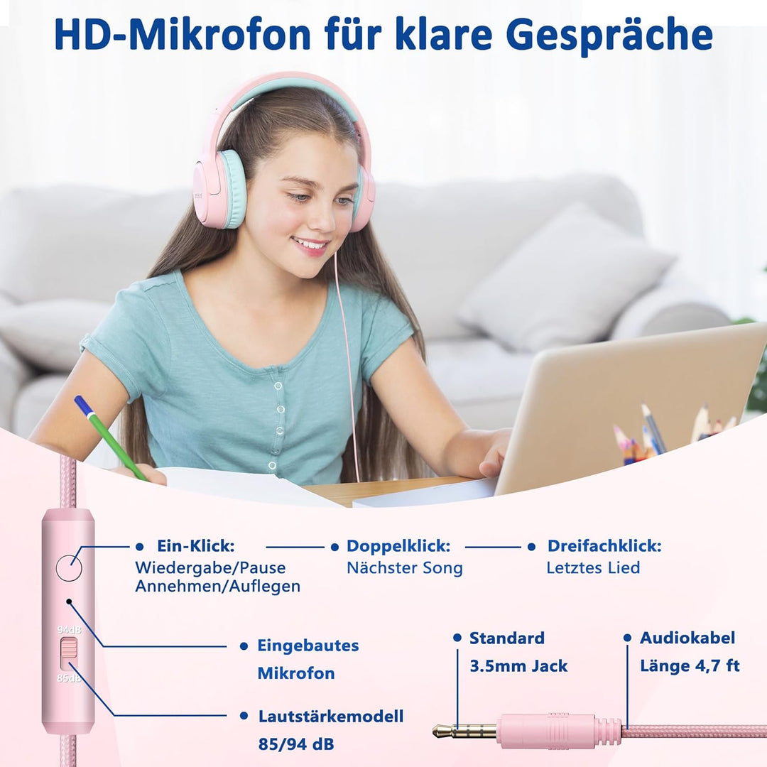 Kinder Over-Ear Kopfhörer mit Kabel und Mikrofon, Lautstärkebegrenzung 85/94 dB, Faltbares Design, f