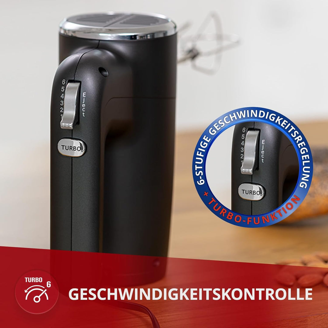 MPM Handmixer mit 2 Rührbesen und 2 Knethaken - 6 Geschwindigkeiten mit Turbotaste - 900 W - Anthraz