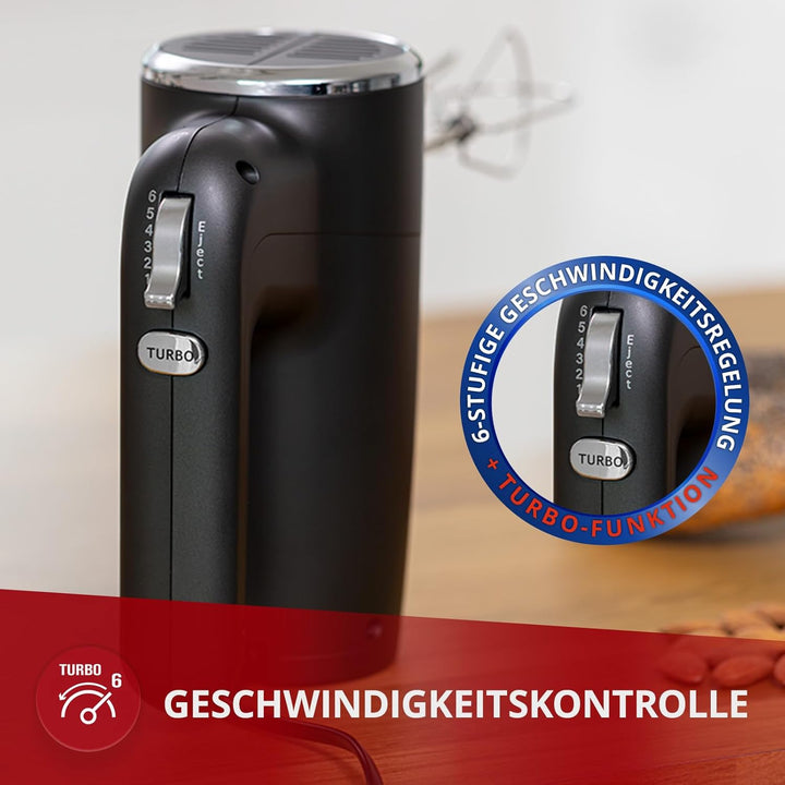 MPM Handmixer mit 2 Rührbesen und 2 Knethaken - 6 Geschwindigkeiten mit Turbotaste - 900 W - Anthraz