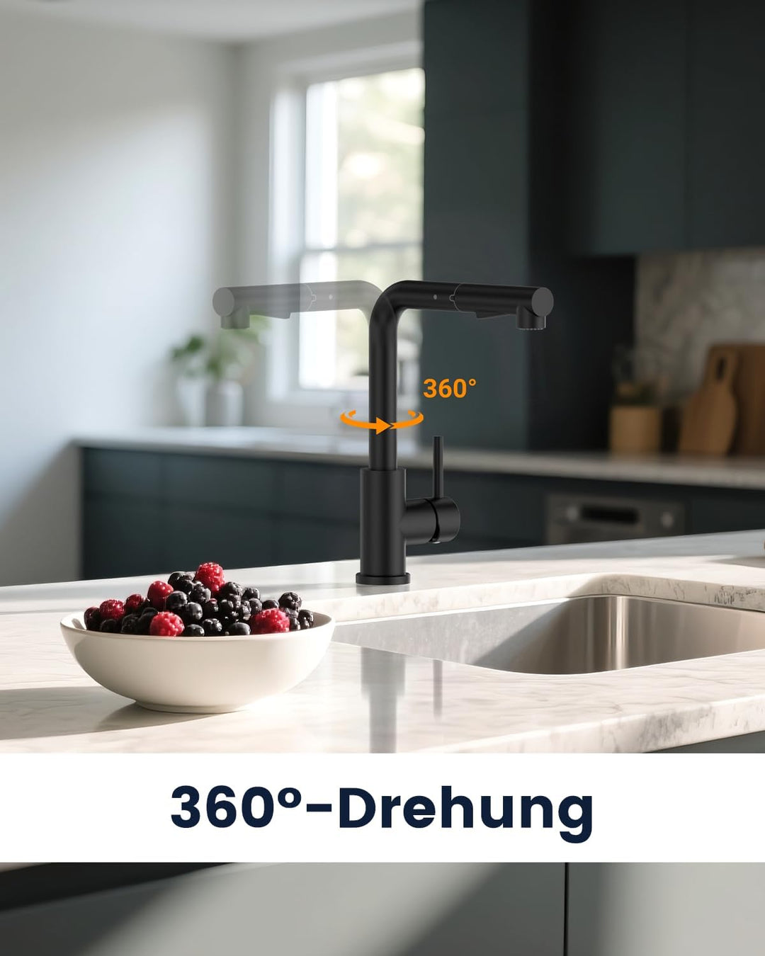 DAYONE Niederdruck Küchenarmatur Schwarz, Niederdruck Wasserhahn Küche Ausziehbare Brause mit 2 Stra