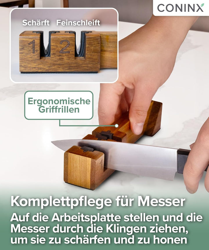 Coninx Wand-Magnetleiste 48 cm aus Akazienholz – Messerleiste mit Doppelreihe & abnehmbarem Doppelsc