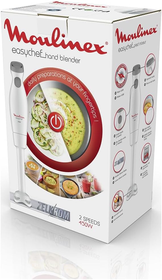 Moulinex Easychef DD45A1 Stabmixer, 450 W, 2 Geschwindigkeitsstufen, Zelkrom Klingen, weiss, Weiss