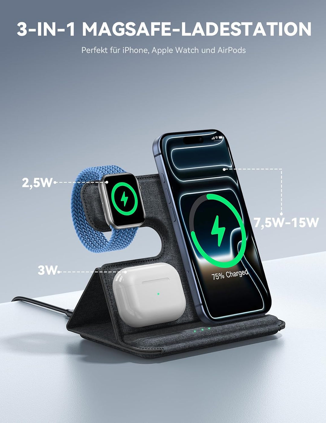 Lamicall 3 IN 1 Ladestation Apple Watch und iPhone, Für MagSafe Ladegerät Grau, Grau