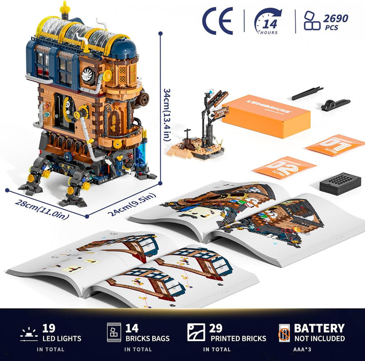 Lumibricks Alchemistisches Bewegliches Schloss LED-Bauset – 2690 Teile Steampunk-Fantasiemodell mit