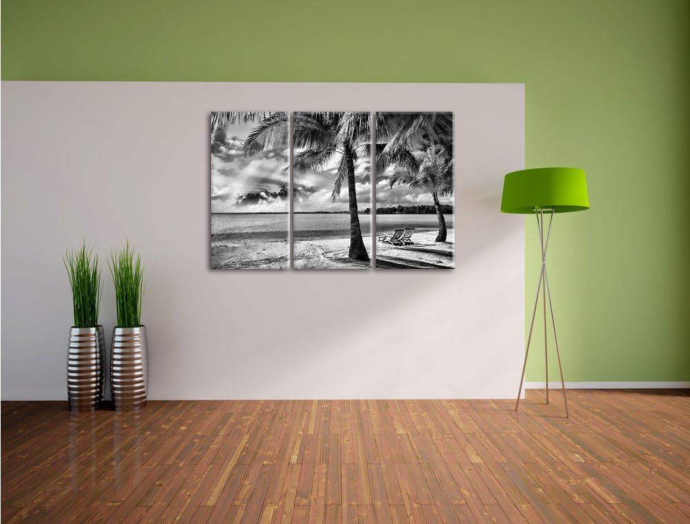 Pixxprint Liegestühle Strand als Leinwandbild/Grösse: 3 Teilig (120x80) cm/Wandbild/Kunstdruck/ferti