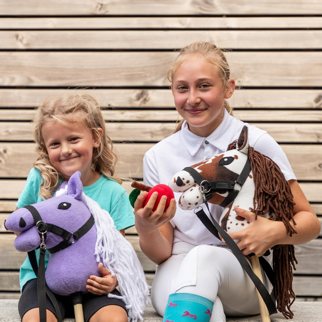 SKIPPI Hobby Horse Braunschecke, Schecke Steckenpferd A5, Halfter und Zügeln im Set, Hobby Horsing P