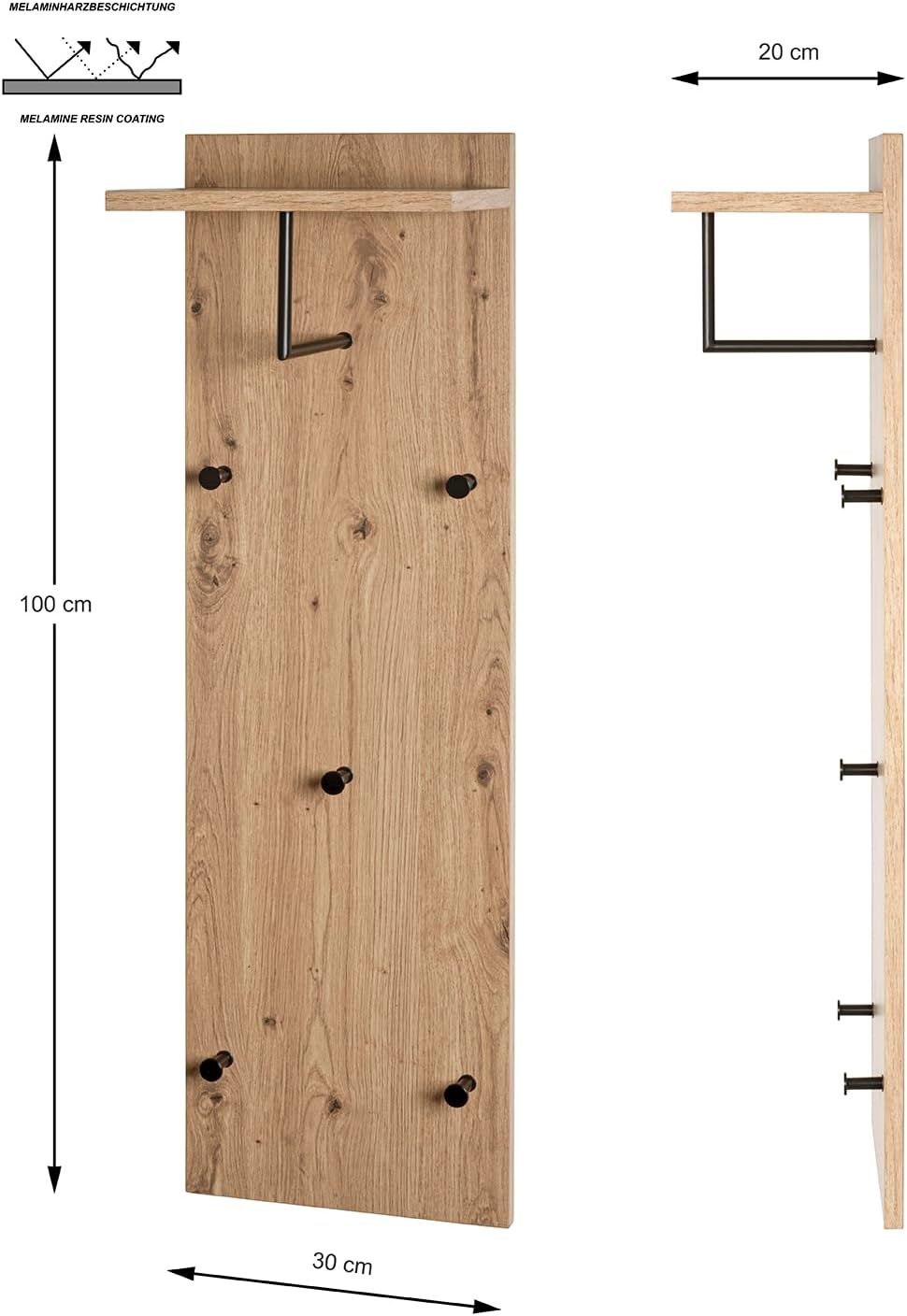 HAKU Möbel Wandgarderobe, MDF, eiche, schwarz, B 30 x T 20 x H 100 cm