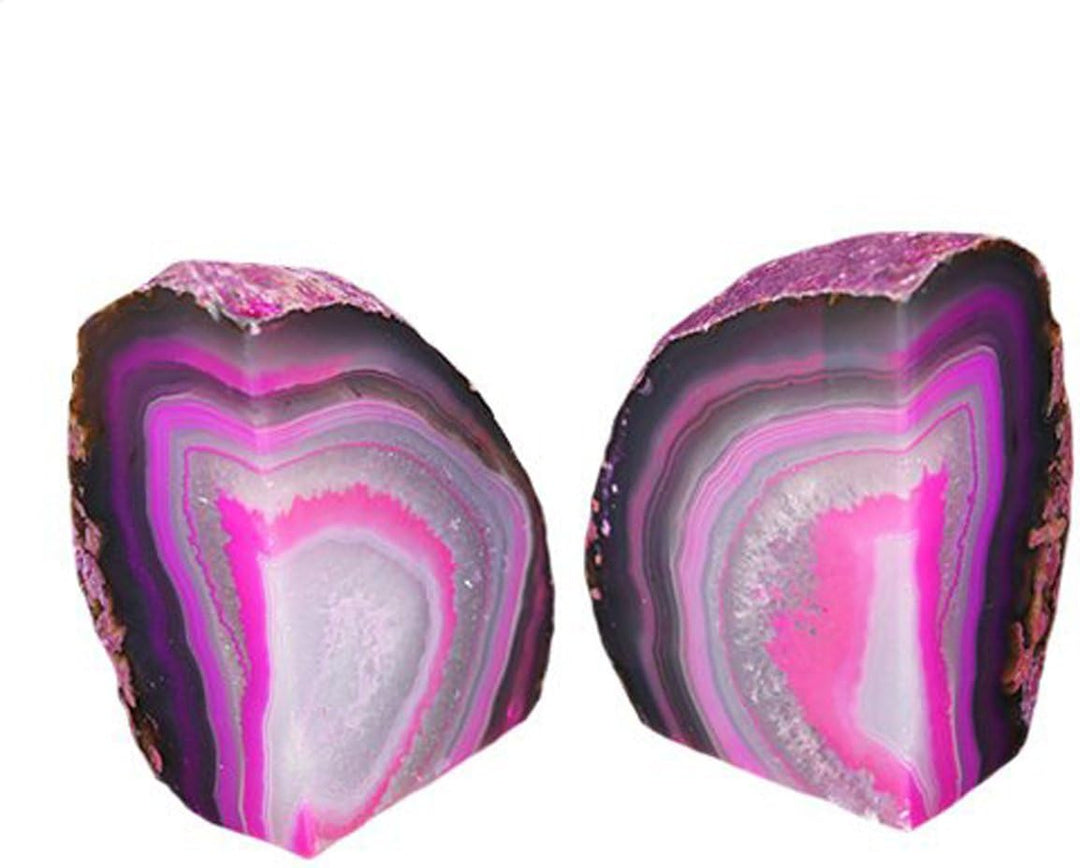 JIC Gem Dekorative Kristall-Buchstützen, poliert, gefärbt, rosa, Geode, brasilianischer Achat, Buchs