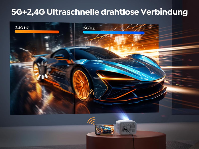 Elektrischer Fokus Mini Beamer, Video Heimkino Beamer 4K Unterstützt, 12000 Lumen Full HD 1080P 5G W