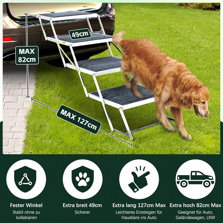 Hundetreppe Auto mit Teppich, Extra Breit 4 Stufen Hunderampe Auto Klappbar,Leichte Hunderampe Auto