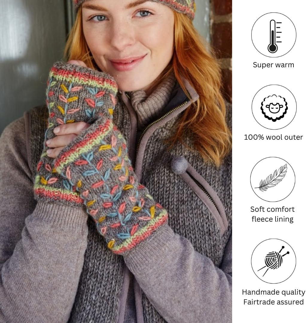 Damen Handwärmer Wolle Fleece Gefüttert Handgestrickt Blume bestickt Grau Einheitsgrösse Handmade Ex