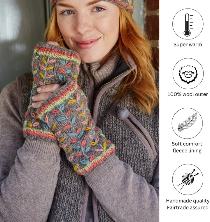 Damen Handwärmer Wolle Fleece Gefüttert Handgestrickt Blume bestickt Grau Einheitsgrösse Handmade Ex