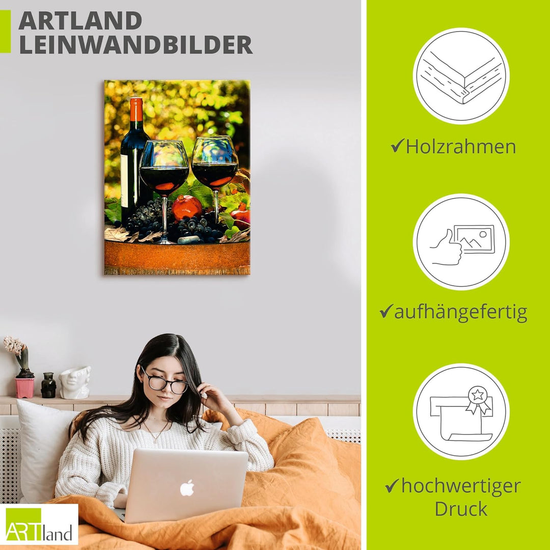 ARTland Leinwandbilder Wandbild Bild auf Leinwand 45x60 cm Toskana Italien Rotwein Früchte Obst Fass