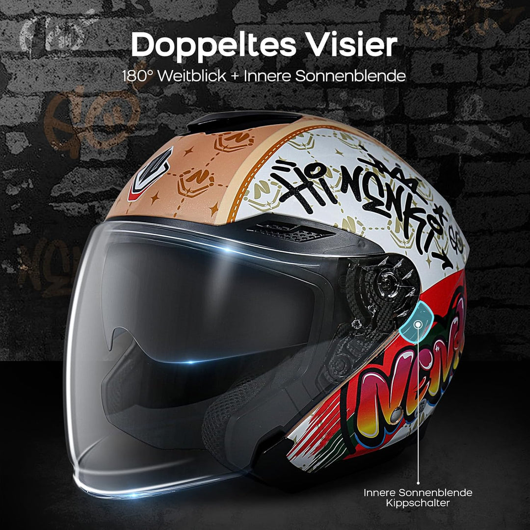 NENKI Jethelme Halbhelme Rollerhelm Sturzhelm Chopper Helm,Motorradhelm ECE 22.06 mit Doppelvisier S