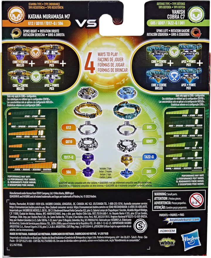 Beyblade Hasbro Burst QuadDrive Katana Muramasa M7 und Vanish Cobra C7 Kreisel Doppelpack – 2 Kampfs
