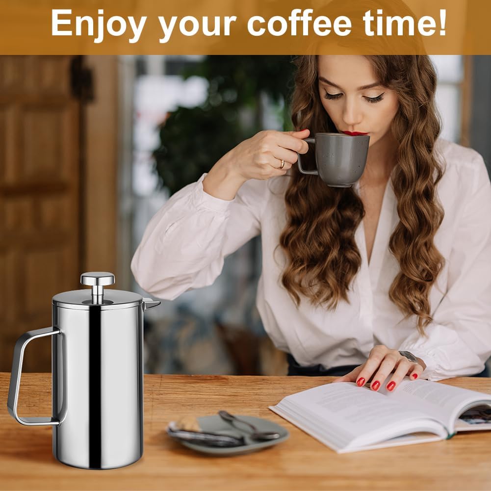 HOTUT French Press Kaffeebereiter, 350 ml Edelstahl Französische Presse mit Löffel, Ersatzfilter, Kl