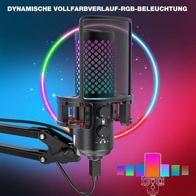 zealsound Gaming Mikrofon PC, RGB Ganzmetall USB Kondensator Mikrofon mit Adapter für Handy, Stumm/G