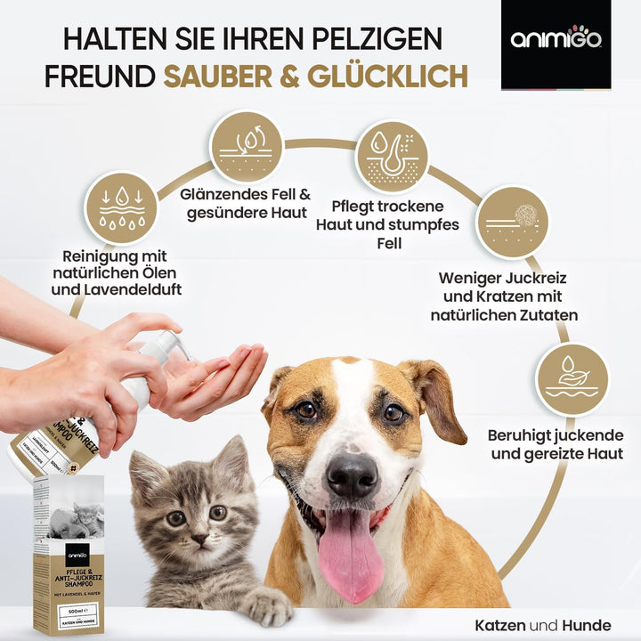 animigo Pflege & Anti-Juckreiz Shampoo - Für Haut, Fellpflege, Juckreiz - 500ml Hunde & Katzenshampo