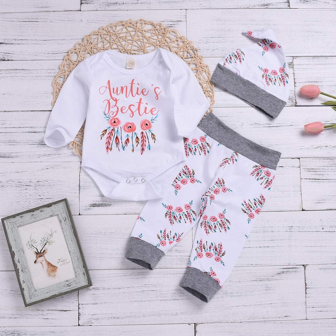 Baby Mädchen Kleidung Tante Bestie Strampler Top+Floral Pants+Hat 3Pcs Baby Tante Bekleidungssets 18