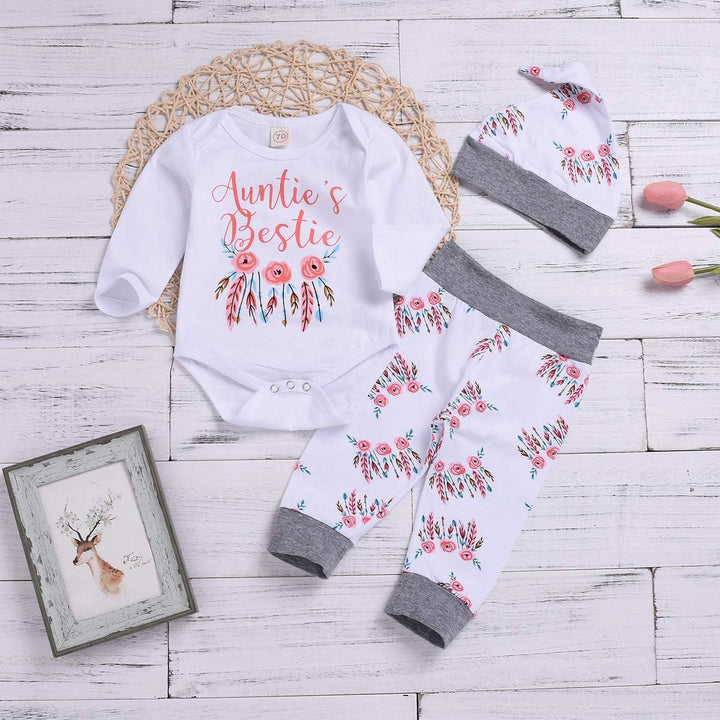 Baby Mädchen Kleidung Tante Bestie Strampler Top+Floral Pants+Hat 3Pcs Baby Tante Bekleidungssets 18