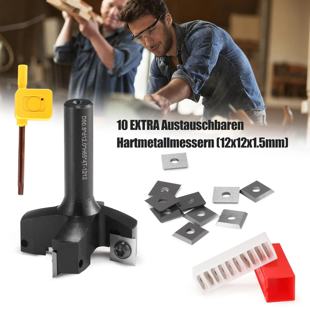 Trvoxviq Planfräser 12mm schaft 4 Flöten mit 10 austauschbaren Hartmetallmessern(12x12x1.5mm), Durch