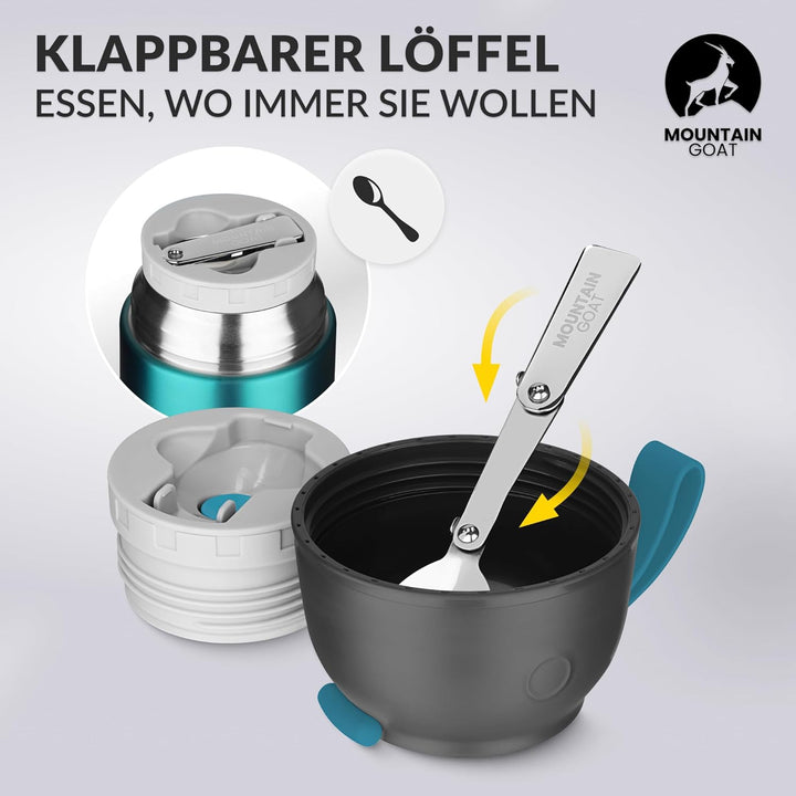 MOUNTAIN GOAT Thermobehälter für Essen 720ml, Speisegefäss mit Klapplöffel aus Edelstahl, Warmhalteb
