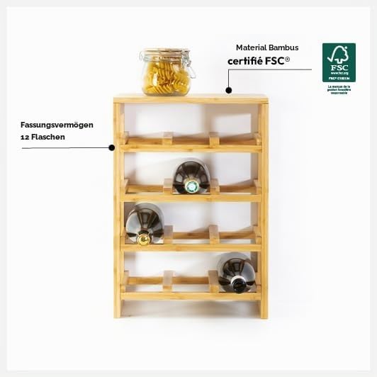 5five - Linha Flaschenregal - Bambus, 12 Flaschen, 4 Ebenen, B 35 x T 24 x H 47 cm - Freistehendes W