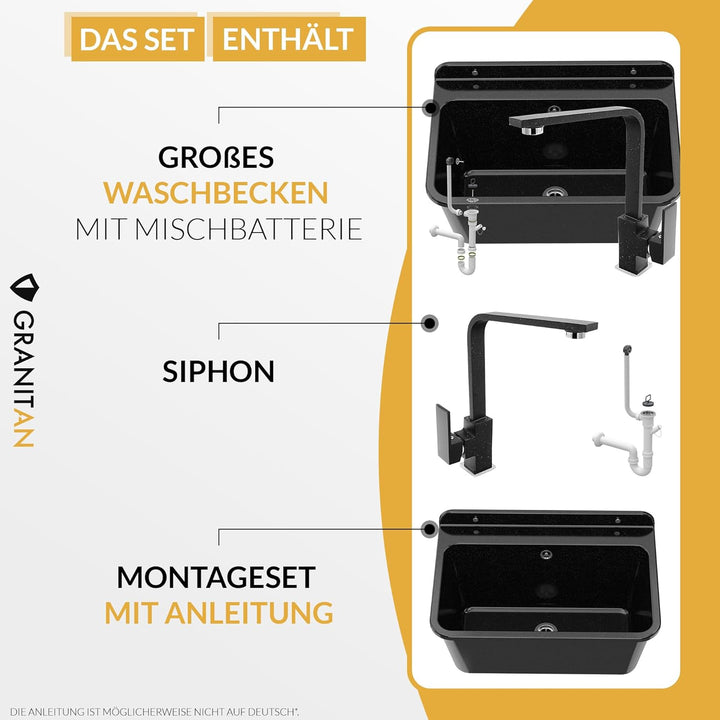Granitan Ausgussbecken für Garage Keller Werkstatt - Universal Waschtrog mit Siphon - Waschbecken mi