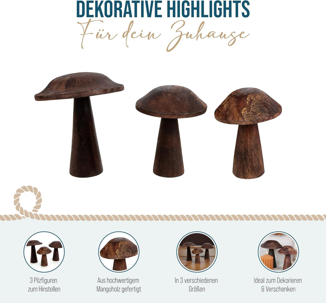 Holz-Pilze, 3 Stück: Herbstdeko Figuren, Tischdeko Pilz, Kleine Dekofiguren Herbst, Dekoration Tisch